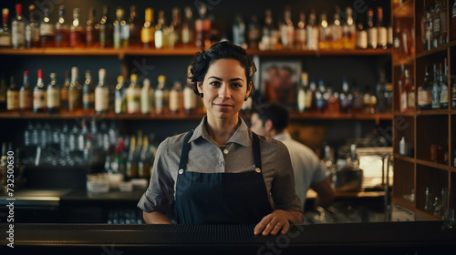 Proud female bartender at her workplace. A young dark-haired Latin American woman standing in front of bar  confident entrepreneur  business owner. Bokeh effect. 