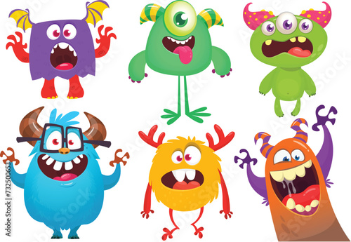 Funny cartoon monsters with different face expressions. Set of cartoon vector happy monsters characters. Halloween design for party decoration,  package design (ID: 732500653)