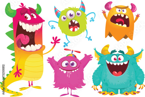 Funny cartoon monsters with different face expressions. Set of cartoon vector happy monsters characters. Halloween design for party decoration,  package design (ID: 732500812)