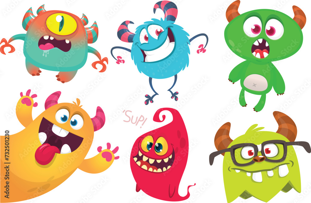 Funny cartoon monsters with different face expressions. Set of cartoon vector happy monsters characters. Halloween design for party decoration, package design Funny cartoon monsters with different face expressions. Set of cartoon vector happy monsters characters. Halloween design for party decoration, package design