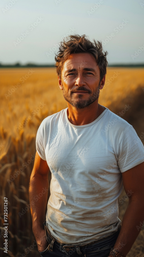 Caucasian man in white t-shirt and jeans on background summer field. Caucasian man in white t-shirt and jeans on background summer field.
