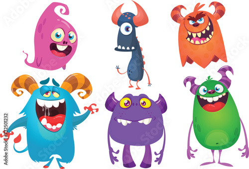 Funny cartoon monsters with different face expressions. Set of cartoon vector happy monsters characters. Halloween design for party decoration,  package design (ID: 732501232)