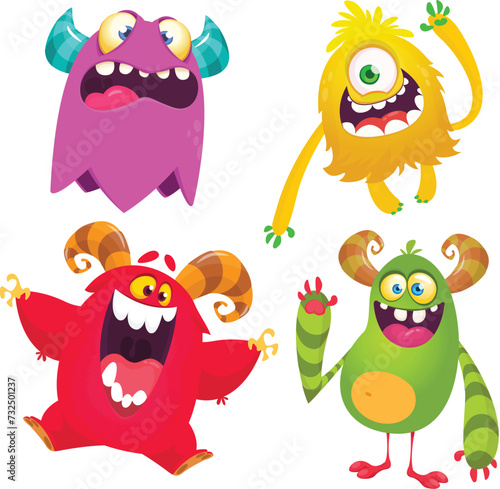 Funny cartoon monsters with different face expressions. Set of cartoon vector happy monsters characters. Halloween design for party decoration,  package design