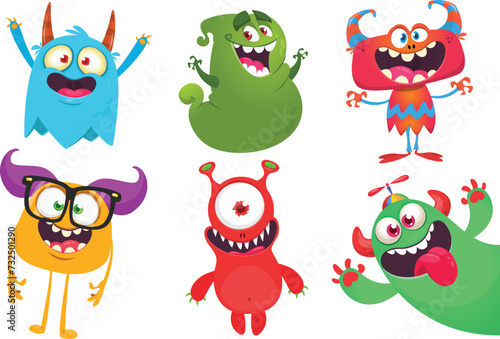Funny cartoon monsters with different face expressions. Set of cartoon vector happy monsters characters. Halloween design for party decoration,  package design (ID: 732501290)