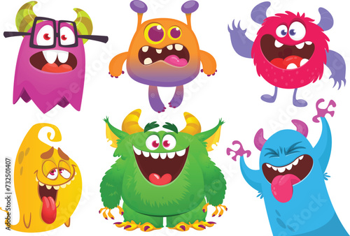 Funny cartoon monsters with different face expressions. Set of cartoon vector happy monsters characters. Halloween design for party decoration,  package design (ID: 732501407)