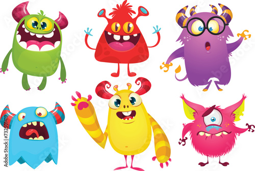 Funny cartoon monsters with different face expressions. Set of cartoon vector happy monsters characters. Halloween design for party decoration,  package design (ID: 732501419)