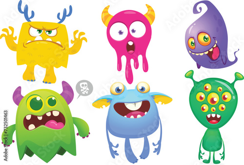 Funny cartoon monsters with different face expressions. Set of cartoon vector happy monsters characters. Halloween design for party decoration,  package design (ID: 732501463)
