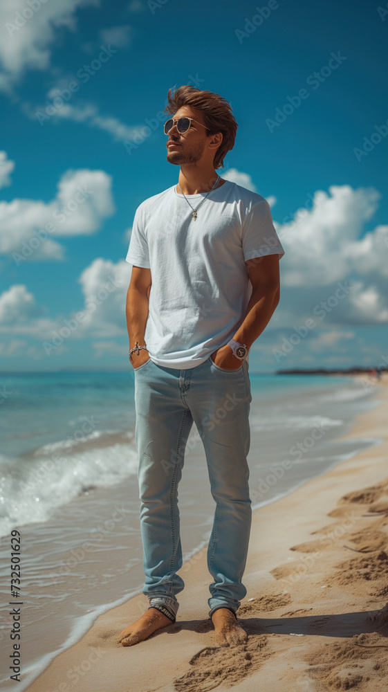 Caucasian man on background of sandy beach of the sea. Caucasian man on background of sandy beach of the sea.