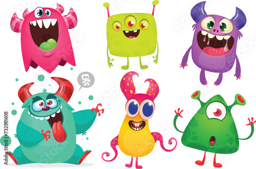 Funny cartoon monsters with different face expressions. Set of cartoon vector happy monsters characters. Halloween design for party decoration,  package design (ID: 732501608)