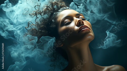 Relaxing Calm Woman with Smoke Around Her Head in Dark Blue Background. Reflecting Calmness and Inner Turbulence in The Same time. Merged Emotions with Chaos and SILENCE.  photo