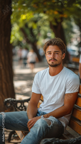 Caucasian man sitting on bench on background of green summer city park.