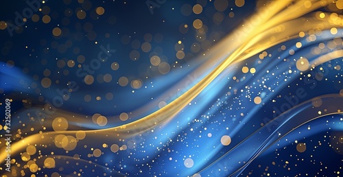 Blue and gold abstract lights on a dark background, in the style of glittery, bokeh defocused dotted Christmas Holiday pattern, dark sky-blue and light gold.