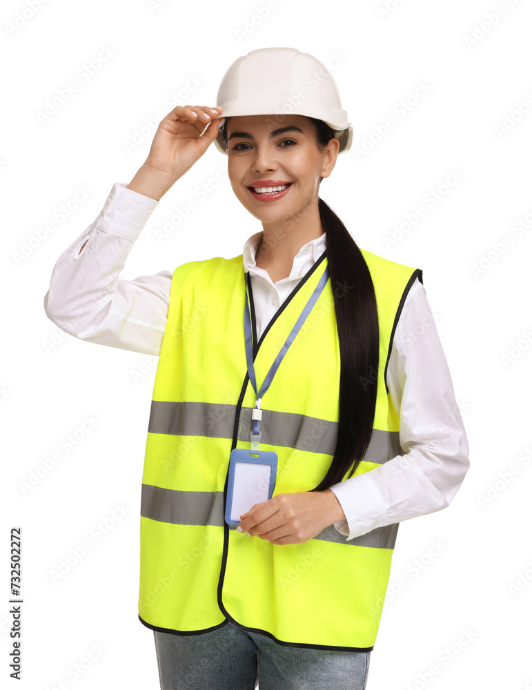 Engineer with hard hat and badge on white background Engineer with hard hat and badge on white background