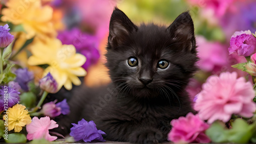 Happy black kitten in color flowers © Hanna Ohnivenko