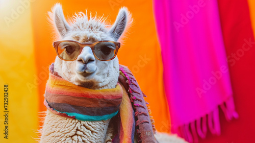 alpaca sunglasses and scarf in studio with a colorful and bright background. Generative Ai © We3 Animal
