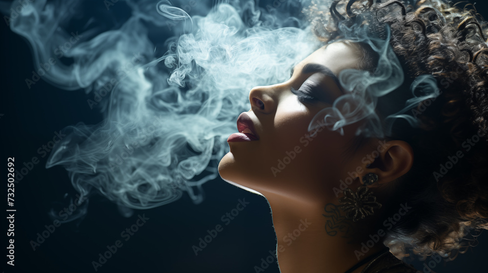 Beautiful Curly Woman Hair with Smoke Flowing from her head. Side view portrait in Dark background. Emotional Turbulence and Inner Conflict Concept 