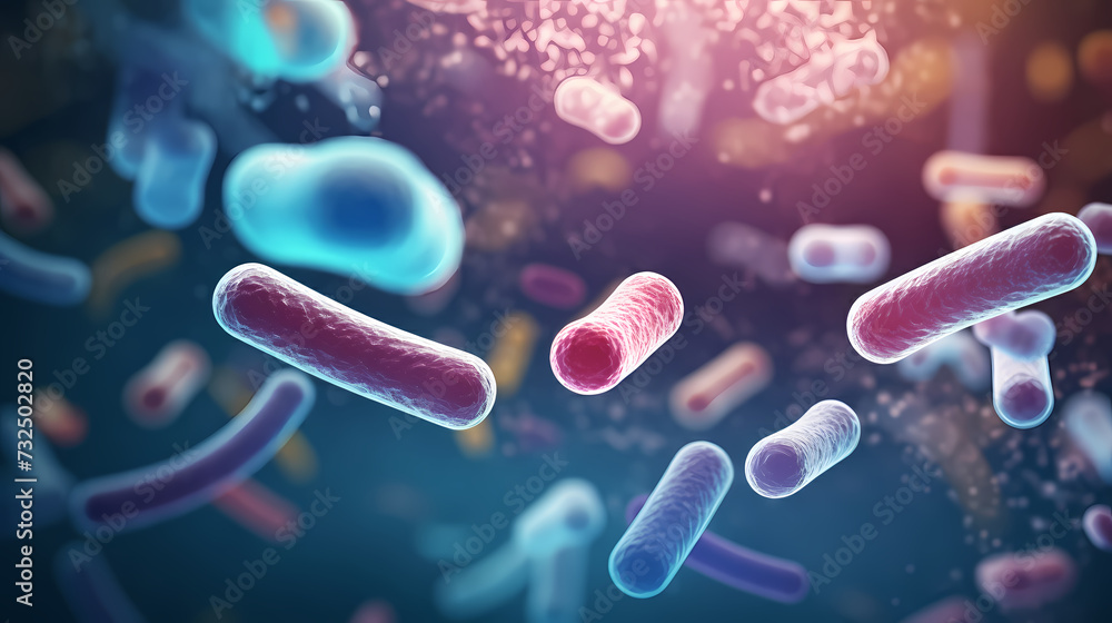 Various shapes of bacteria, probiotics under microscope, science, medicine concept background Various shapes of bacteria, probiotics under microscope, science, medicine concept background