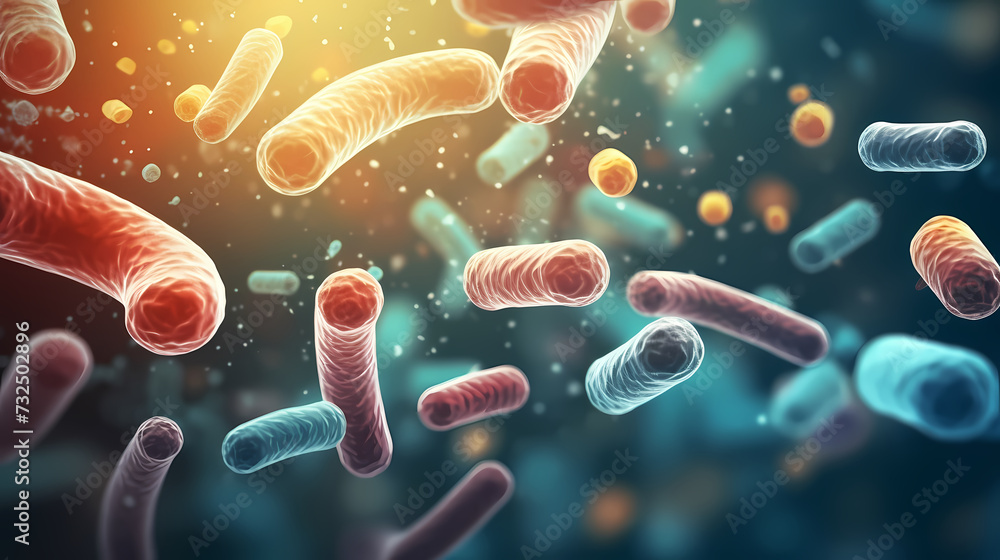 Various shapes of bacteria, probiotics under microscope, science, medicine concept background Various shapes of bacteria, probiotics under microscope, science, medicine concept background