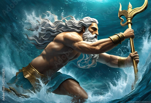 Poseidon god of water, Greek mythology in minimal style