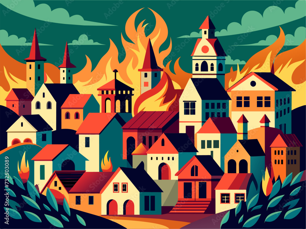 fire burning town