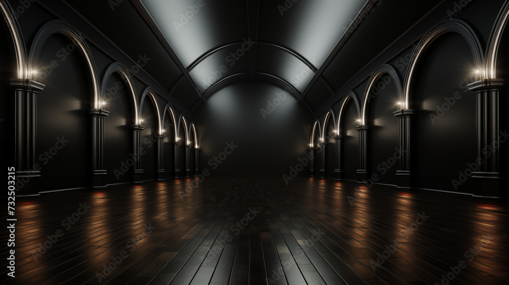 Dark Corridor Interior of a Modern Building Hall with Dimly Lights Reflection on Black wooden floor. Arch Architecture big Room Design 