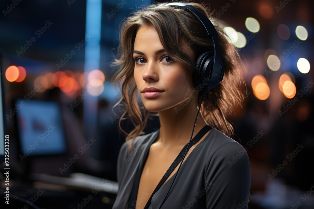 Fototapeta premium Focused and dedicated, a diligent female call center agent exemplifies professionalism as she tackles customer queries with efficiency and expertise