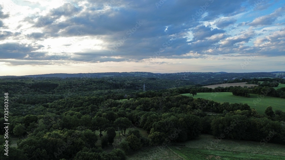 Aerial view of a lush green landscape with patches of trees and a cloudy sky in the background