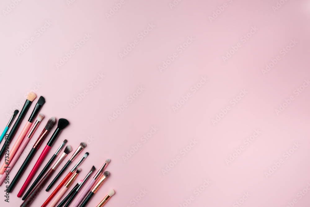Makeup brushes on pink background. Copy space Makeup brushes on pink background. Copy space