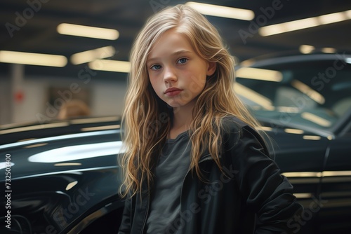 Portrait of a beautiful little girl with blond hair in a black coat near the car, Ai Generated