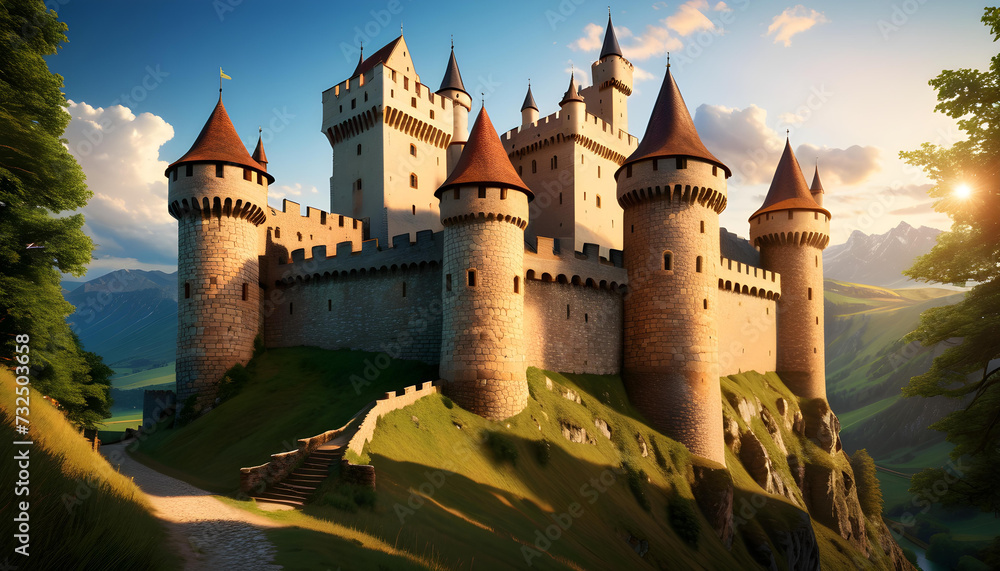 Medieval Castle, Fortification, Architecture, Historical, Ancient, Fortress, Stronghold, Stone, Tower, Ramparts, History, Heritage, Medieval Era, Kingdom, AI Generated