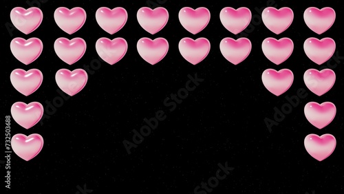 Schilderij op canvas 3D rotating pink hearts on a black background isolated