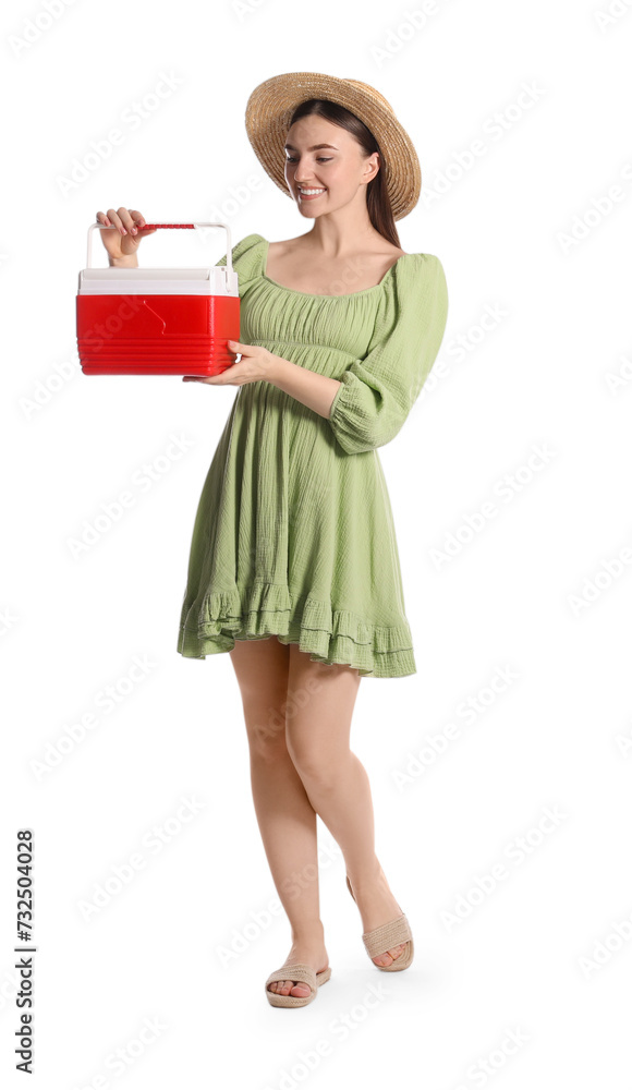 Happy young woman with plastic cool box isolated on white Happy young woman with plastic cool box isolated on white