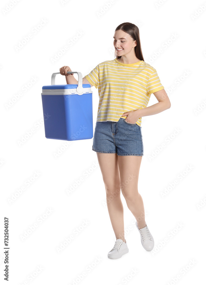 Happy young woman with plastic cool box isolated on white Happy young woman with plastic cool box isolated on white