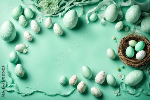 Aerial perspective of a subtle mint green environment with elaborate Easter adornments and a variety of eggs  creating a dreamy canvas for your celebratory words