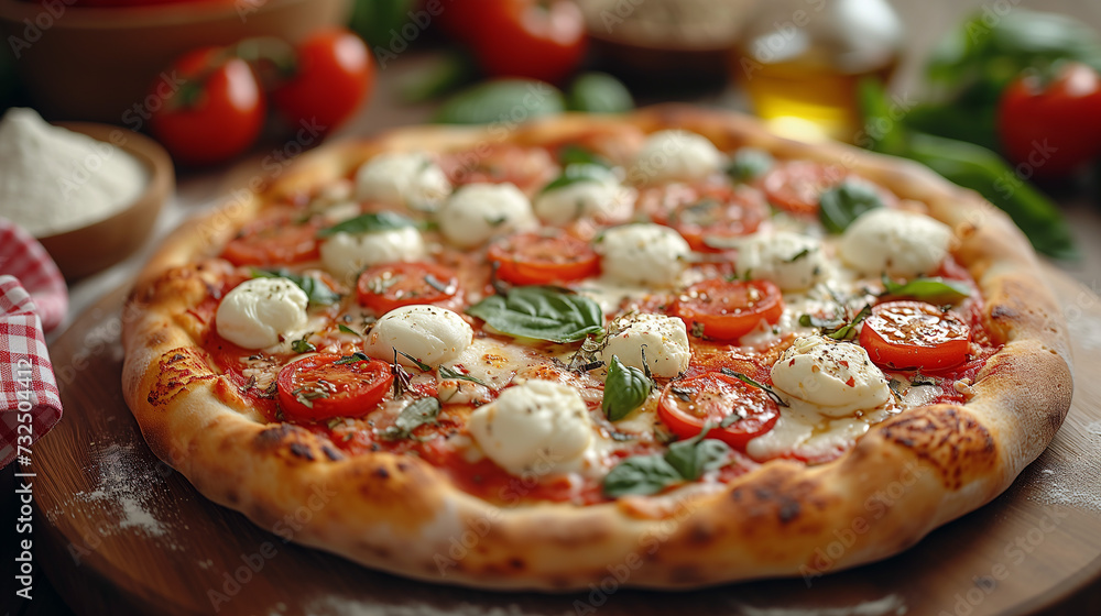 A typical Italian pizza with high crust and fresh ingredients. A typical Italian pizza with high crust and fresh ingredients.