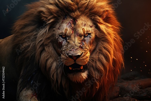Portrait of a male lion with blood wound on his face  Animal theme  Ai Generated