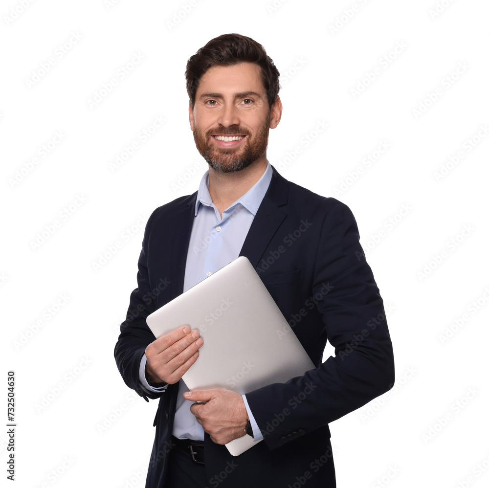 Portrait of smiling man with laptop on white background. Lawyer, businessman, accountant or manager Portrait of smiling man with laptop on white background. Lawyer, businessman, accountant or manager
