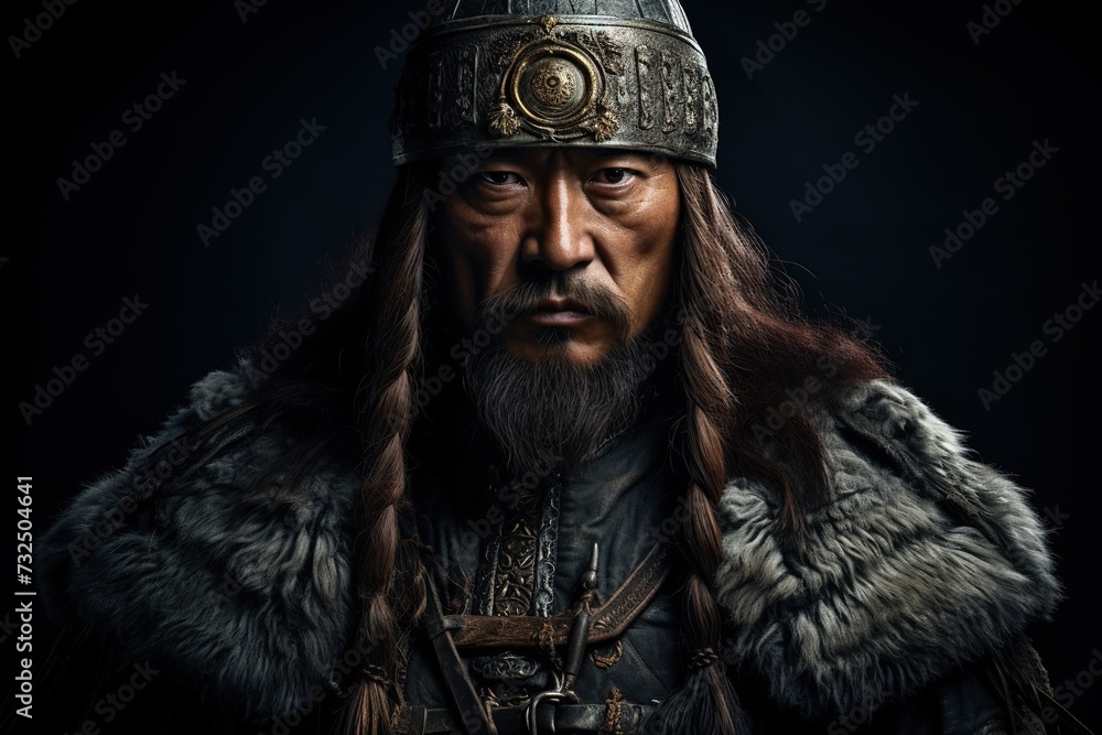 Portrait of a Mongol warrior in a helmet on black background, Ai Generated