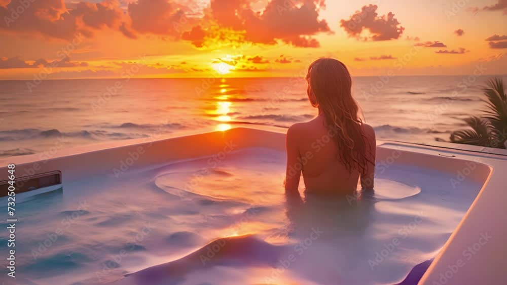 woman relaxing in swimming pool jacuzzi at luxury hotel spa enjoying beautiful sunset view of ocean mediterranean travel holiday resort 4k video back view woman relaxing in swimming pool jacuzzi at luxury hotel spa enjoying beautiful sunset view of ocean mediterranean travel holiday resort 4k video back view