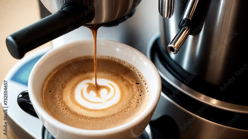 Close-up of a coffee machine making fresh latte coffee in a coffee shop,making cappuccino coffee in a cafe