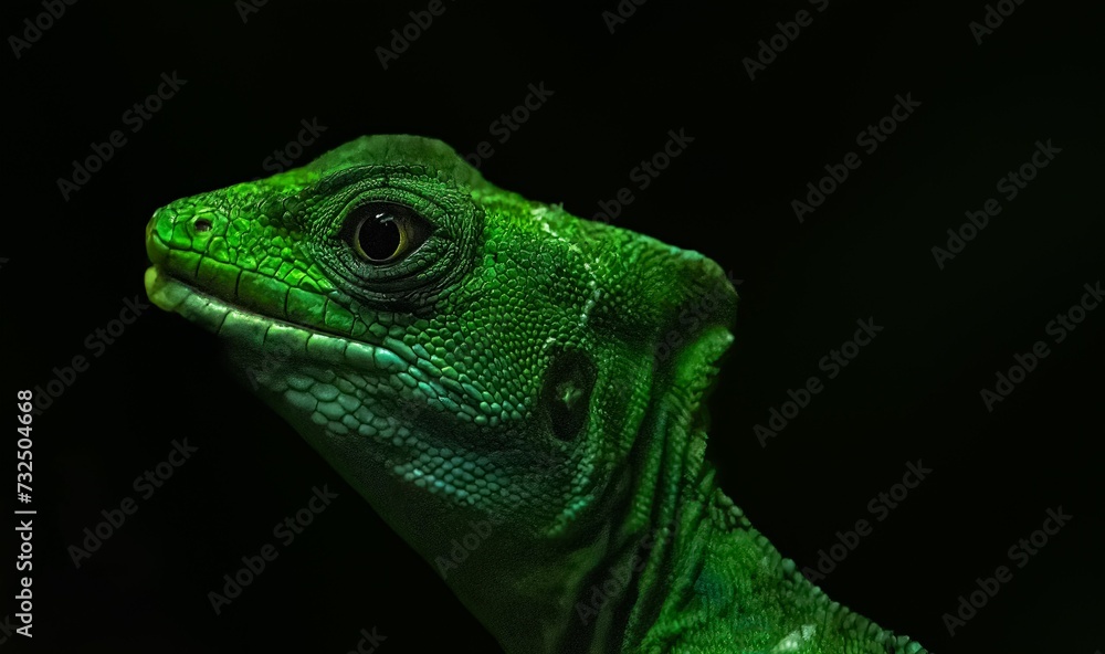 Fototapeta premium Iguana perched upon a tree branch in the dark of night, intently surveying its surroundings