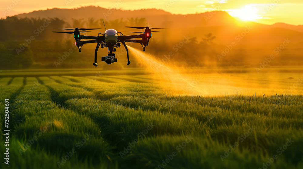 drone spraying pesticides fertilizer on soybean crops farm field - obrazy, fototapety, plakaty 