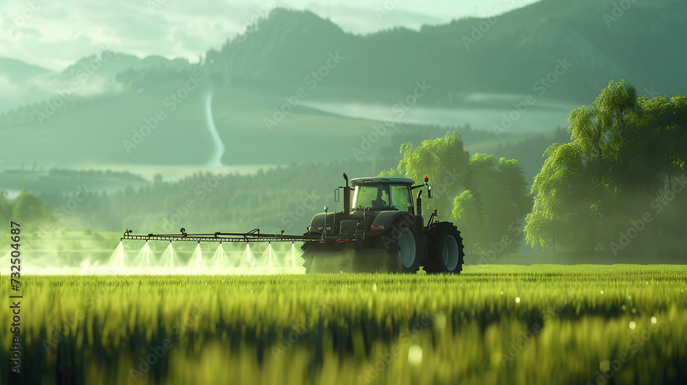 Fototapeta premium Tractor spraying pesticides fertilizer on soybean crops farm field