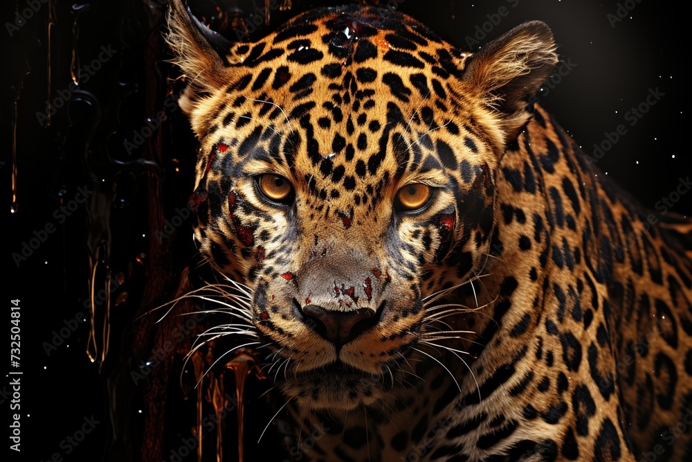 Obraz premium Portrait of a wild leopard with blood on a black background, Ai Generated