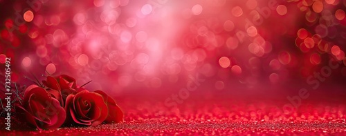 Red backdrop adorned with elegant roses and romantic perfect for showcasing products scene is with bokeh lights adding sparkling and festive ideal for Christmas Valentine