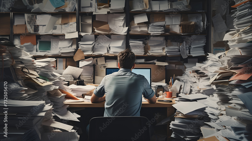 Exhausted man in office surrounded by folders and work