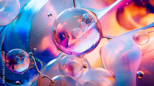 Abstract macro shot of iridescent soap bubbles, mesmerizing landscape of colorful swirls and fluid shapes