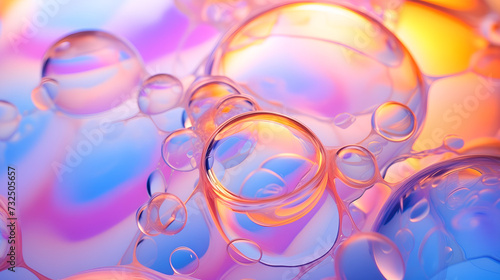 Abstract macro shot of iridescent soap bubbles, mesmerizing landscape of colorful swirls and fluid shapes