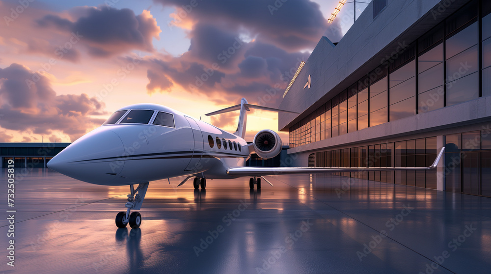 A private jet parked at a terminal during sunset A private jet parked at a terminal during sunset