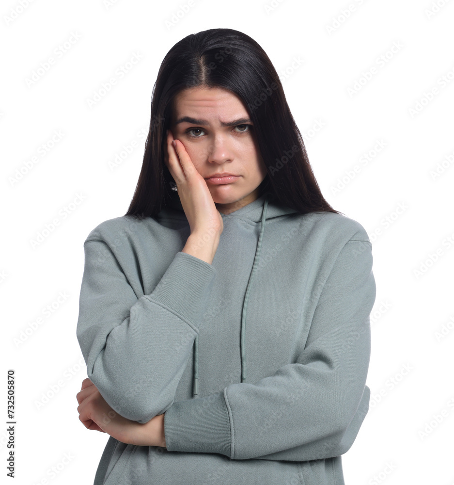 Sadness. Unhappy woman in hoodie on white background Sadness. Unhappy woman in hoodie on white background